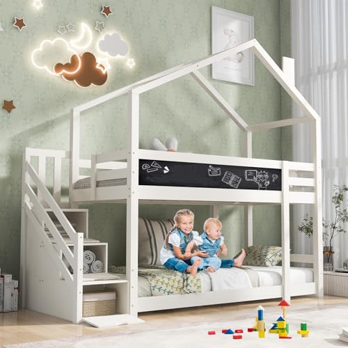 ACXIN Hochbett für Kinder 90x200 cm, Kinder Hausbett Etagenbett mit Schornstein &Speicherung und Rausfallschutz, Massivholz Weiß (ohne Matratze) von ACXIN