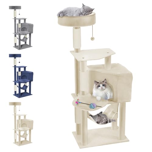 ACXIN Katzenkratzbaum Kratzbaum Stabil Katzenbaum mit Katzenhöhle, Hängematte, Kratzsäulen, Ballspielzeug und Plattformen Katzenhaus Kletterbaum für Katzen Katzenmöbel Höhe 134 cm, Typ B - Beige von ACXIN