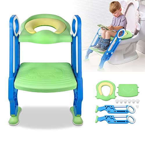 ACXIN Kinder-WC-Sitz mit Treppe, Klappbarer Töpfchentrainer, Verstellbarer Toilettentrainer mit PU-Kissen und Griff, Kleinkinder-Töpfchen, Blau und Grün von ACXIN