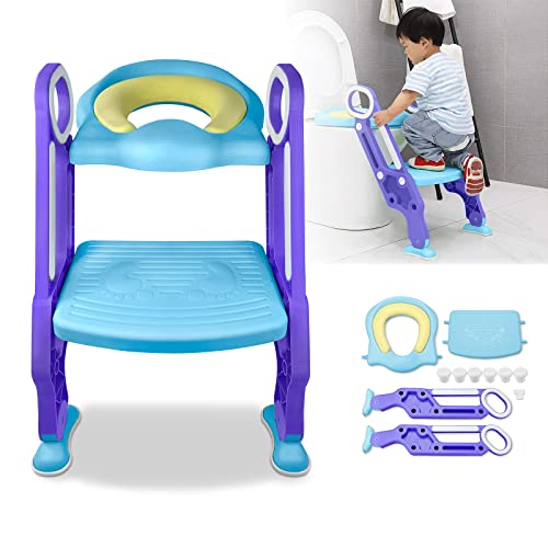 ACXIN Kinder-WC-Sitz mit Treppe, Klappbarer Töpfchentrainer, Verstellbarer Toilettentrainer mit PU-Kissen und Griff, Kleinkinder-Töpfchen, Blau und Lila von ACXIN