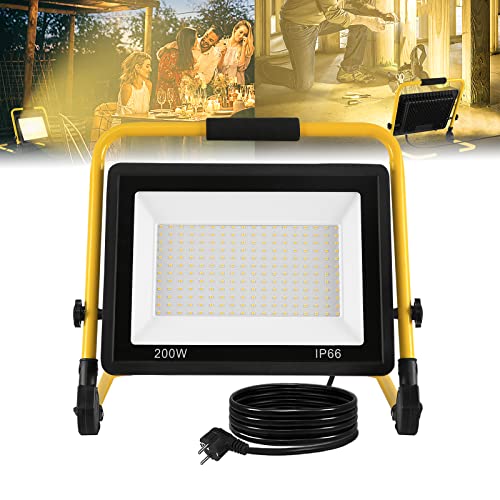 ACXIN LED Baustrahler, LED Arbeitsleuchte für Innendekoration, Baustelle, Werkstatt, Garten oder Garage, IP66 Wasserdicht, Warmweißes, 200W 16000LM von ACXIN