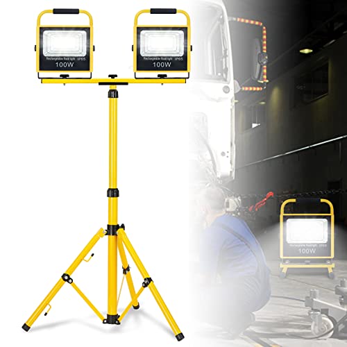 ACXIN LED Baustrahler mit Stativ 2*100W Kaltweiß Akku Strahler Arbeitstrahler Arbeitsscheinwerfer mit Warning-Flash Flutlicht IP65 Baustellenlampe höhenverstellbar für Camping Werkstatt Konstruktion von ACXIN