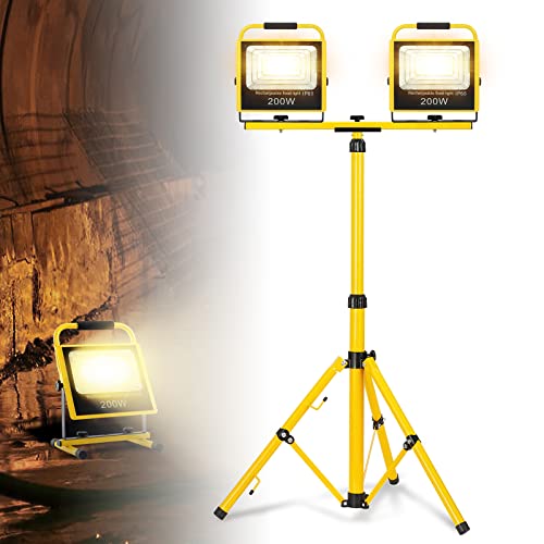 ACXIN LED Baustrahler mit Stativ 2*200W Warmweiß Akku Strahler Arbeitstrahler Arbeitsscheinwerfer mit Warning-Flash Flutlicht IP65 Baustellenlampe höhenverstellbar für Camping Werkstatt Konstruktion von ACXIN