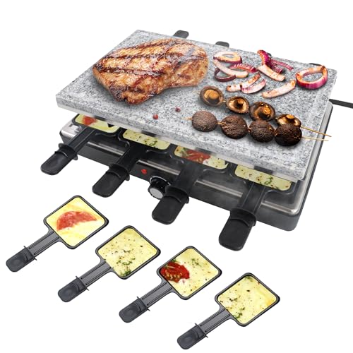 ACXIN Raclette Grill mit Naturgrillstein und Grillplatte Antihaftbeschichtung für 8 Personen, Electric Grill Grillpfanne Grillplatte Elektrisch für Indoor Grillgut, 8 Pfannen & Holzspate, max.1400W von ACXIN