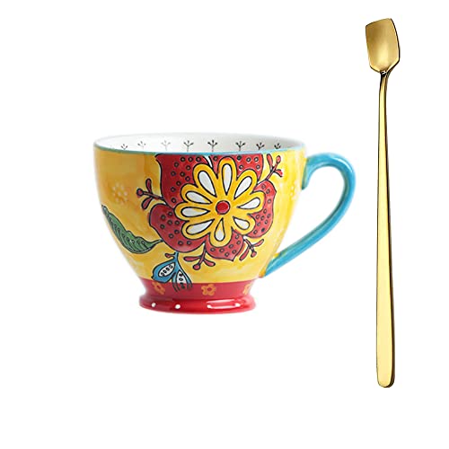 Retro Handgemalt Tasse 350ml - Flower Art Obertasse Kaffeetasse Vintage Design Hochwertige Porzellantasse mit Golden Löffel (Stil 8) von ACYOUNG