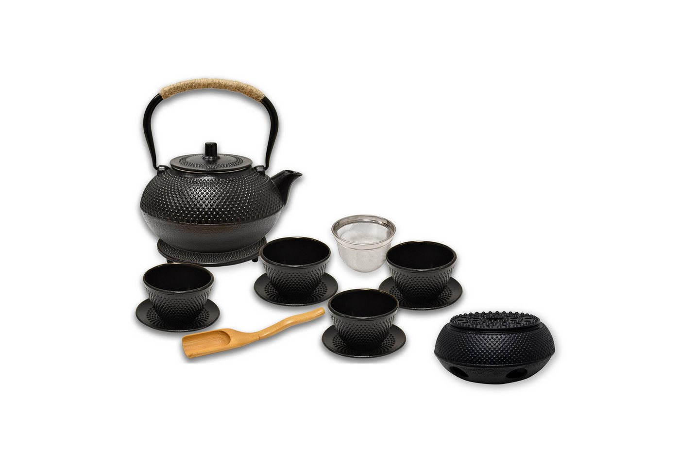 AD.CON Teeservice Gusseisen Teekanne Schwarz 1.4L mit Edelstahl Sieb Japanisch AD.CON (13-tlg) von AD.CON