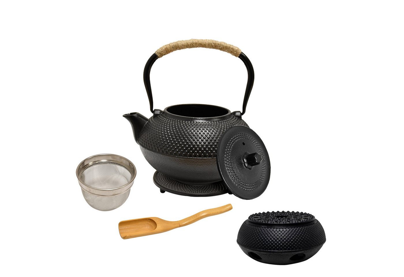 AD.CON Teeservice Gusseisen Teekanne Schwarz 1.4L mit Edelstahl Sieb Japanisch AD.CON (5-tlg) von AD.CON