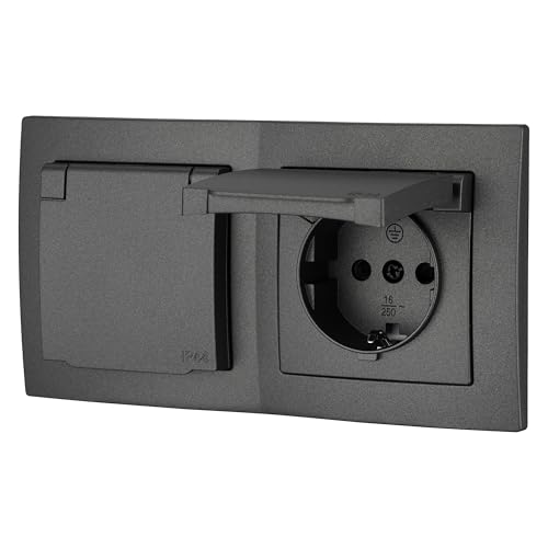 Unterputz Doppel-Steckdose IP44, Steckklemme, All-in-One, Serie ET-1 anthrazit von ADAKAT