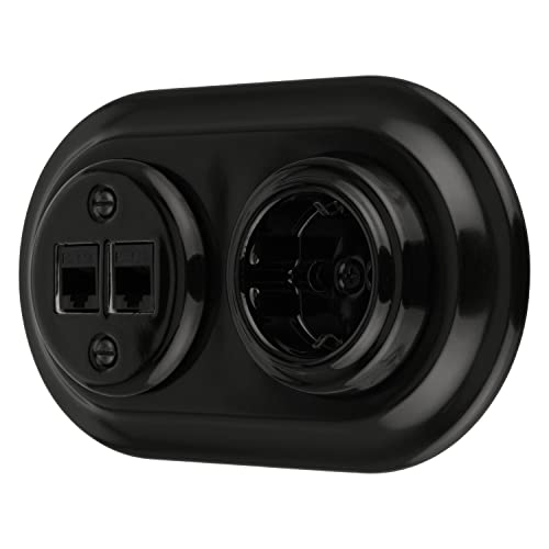 Unterputz Porzellan Retro Steckdose, Netzwerkdose CAT.5E, 2-fach, All-in-One, Serie PR1 schwarz von ADAKAT