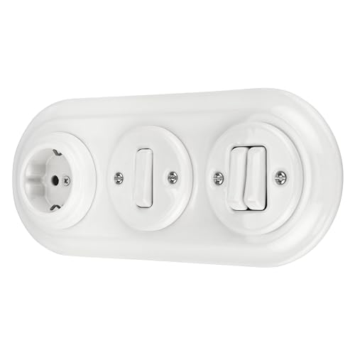 Unterputz Porzellan Retro Steckdose, Schalter, 3-fach, All-in-One, SET Serie PR1 weiß von ADAKAT
