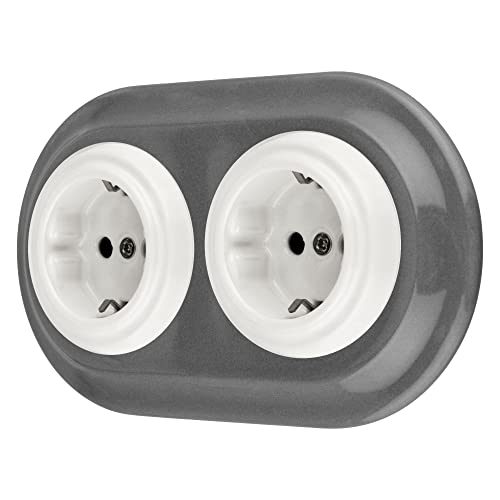 Unterputz Porzellan Retro Steckdose 2-fach, All-in-One, Serie PR1 signalgrau von ADAKAT