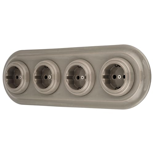Unterputz Porzellan Retro Steckdose 4-fach, All-in-One, SET Serie PR1 graubeige von ADAKAT