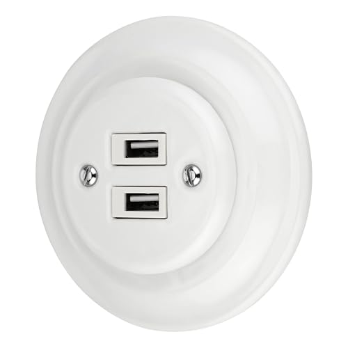 Unterputz Porzellan Retro USB Steckdose 2-fach, All-in-One, Serie PR1 weiß von ADAKAT