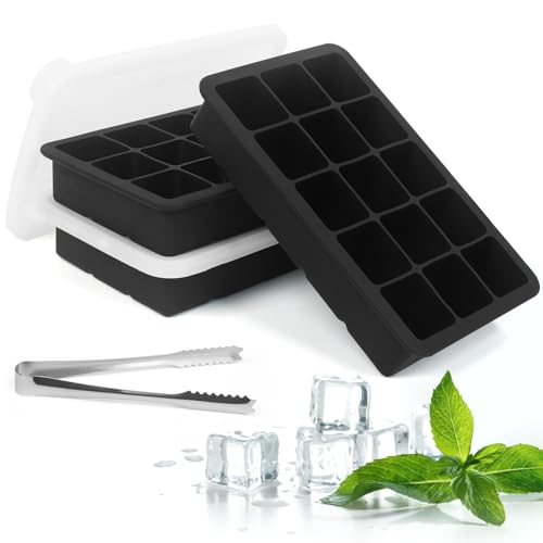 Eiswürfelform Silikon Eiswürfelbehälter mit Deckel, 3 Stück 45 Fach Große Quadratische Eiswürfel 3.5cm, Ice Cube Tray für Whisky, Cocktails(schwarz） von ADBUPKDA