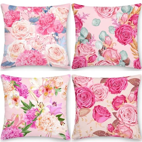 Kissenbezug 50x50cm 4er Set Rosa Outdoor Kissen Dekokissenbezug Blume Muster Zimmer Deko Kissenhüllen Sommer Weich Zierkissenbezug für Garten Sofa Wohnzimmer Schlafzimmer Zimmer Deko Aesthetic -MT253 von ADCCAT