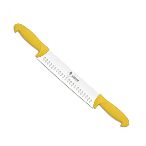 Käsemesser mit Doppelgriff – Käseschneider - aus 3Cr13Mov Edelstahl - Doppelgriff aus Polypropylen/Gelb – Gerade Käselamelle mit Satin-Waben-Finish - Gesamtlänge 50.80 cm - Klingenlänge 22.20 cm von ADCSHOP