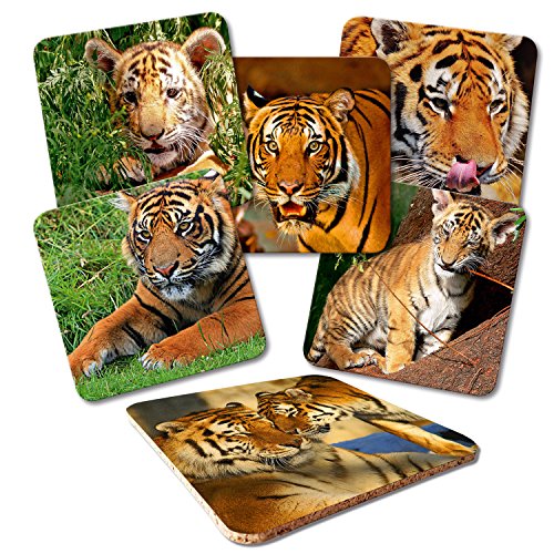 ADDIES Glas-Untersetzer 6-TLG.Set Bedruckt Motiv Tiger Komplett-Set in hochwertiger Klarsicht-Geschenkbox und Korkrückseite von ADDIES