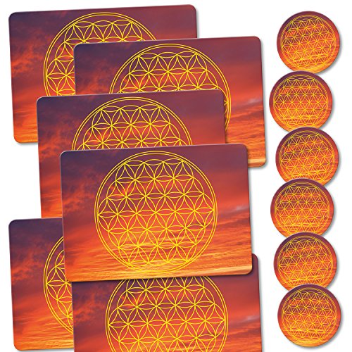 ADDIES Platzset und Glas-Untersetzer "Blume des Lebens" KOMBI-SET 12 teilig. Laminierte Platzsets und Glas-Untersetzer mit Korkunterseite in schöner Klarsicht-Geschenkbox / Tischsets M-07 ADDIES Platzset und Glas-Untersetzer "Blume des Lebens" KOMBI-SET 12 teilig. Laminierte Platzsets und Glas-Untersetzer mit Korkunterseite in schöner Klarsicht-Geschenkbox / Tischsets M-07 von addies