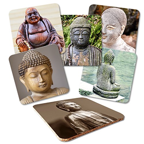 Addies Glas-Untersetzer 6er-Set"Buddha", mit Kork-Untermaterial und in schöner Klarsichtbox geliefert von ADDIES