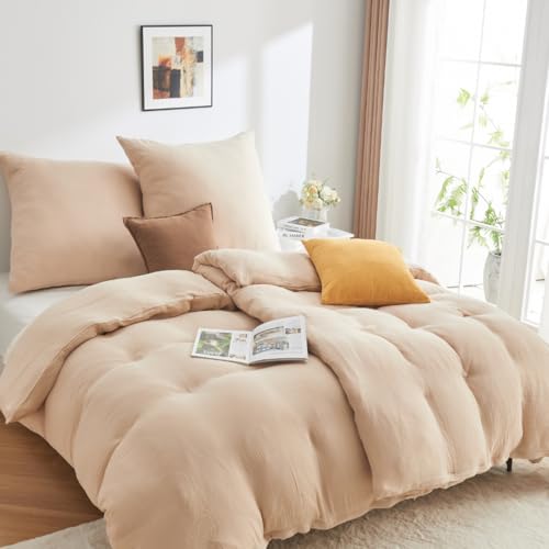 ADDSOUL Musselin Bettwäsche Set 155x220cm + 80x80cm Beige Bettwäsche Set Oeko Tex Knitterlook Bügelfrei Allergikerfreundlich mit Reißverschluss 100% Baumwolle Doppel Gauze von ADDSOUL