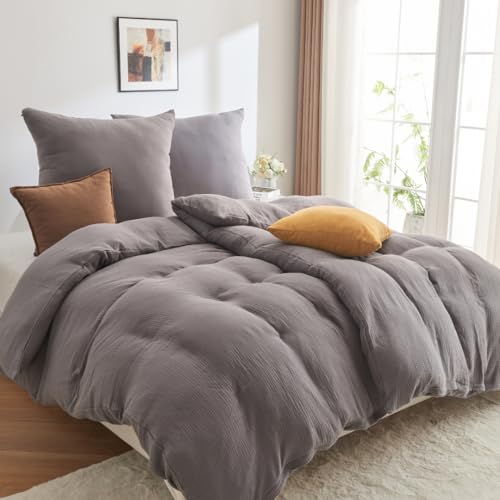 ADDSOUL Musselin Bettwäsche Set 155x220cm + 80x80cm Grau Bettwäsche Set Oeko Tex Knitterlook Bügelfrei Allergikerfreundlich mit Reißverschluss 100% Baumwolle Doppel Gauze von ADDSOUL
