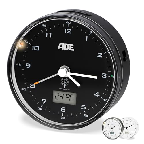 ADE Funk wecker analog ohne Ticken | Uhr mit Temperaturanzeige und Kalender | lautloser analoger Wecker mit Licht | Funkwecker mit Batterie | kleine Uhr zum Hinstellen | schwarzes Zifferblatt von ADE