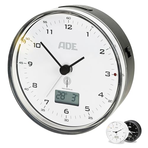 ADE Funk wecker analog ohne Ticken | Uhr mit Temperaturanzeige und Kalender | lautloser analoger Wecker mit Licht | Funkwecker mit Batterie | kleine Uhr zum Hinstellen | schwarz von ADE