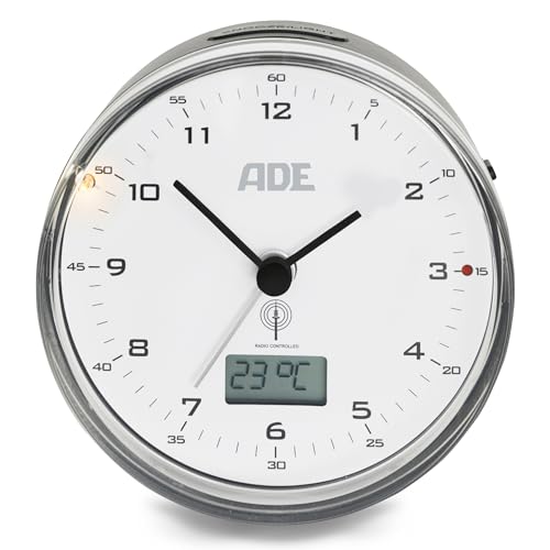 ADE Analoger Funkwecker ohne Ticken | mit Temperaturanzeige | Kalenderanzeige | analoger Wecker mit Licht | batteriebetrieben | schwarz von ADE