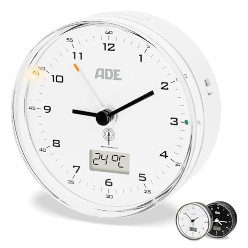 ADE Funk wecker analog ohne Ticken | Uhr mit Temperaturanzeige und Kalender | lautloser analoger Wecker mit Licht | Funkwecker mit Batterie | kleine Uhr zum Hinstellen | weiß von ADE