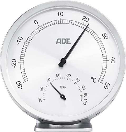 ADE Analoges Thermo-Hygrometer WS 1813 (Mechanisches Thermometer mit Hygrometer, aus Edelstahl mit Abdeckung aus Glas, 11,5 cm Durchmesser) silber von ADE