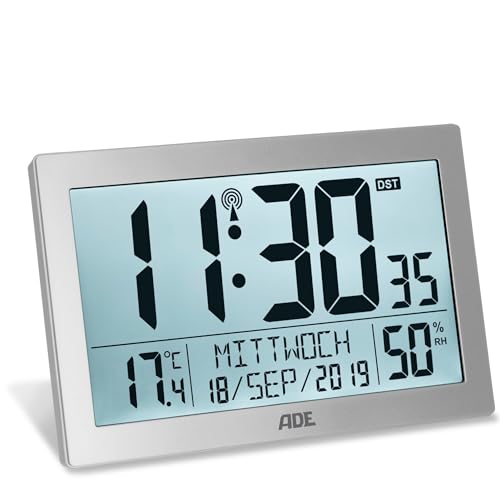 ADE Digitale Funkuhr mit großem XL-Display | Kalender | mit Temperaturanzeige & Hygrometer | Wanduhr | Funkwecker mit 2 Weckzeiten und Schlummerfunktion | Silber von ADE