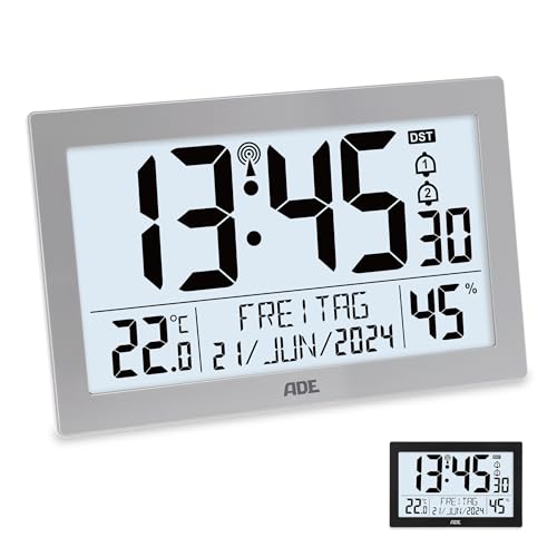 ADE Digitale Funkuhr mit großem XL-Display | Kalender | mit Temperaturanzeige & Hygrometer | Wanduhr | Funkwecker mit 2 Weckzeiten und Schlummerfunktion | Silber von ADE