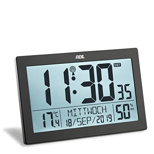 ADE Digitale Funkuhr mit großem XL-Display | Kalender | mit Temperaturanzeige & Hygrometer | Wanduhr | Funkwecker mit 2 Weckzeiten und Schlummerfunktion | schwarz von ADE
