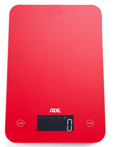 ADE Digitale Küchenwaage KE 927 Slim. Elektronische Waage im schlankem Design (nur 12 mm hoch). Präzise wiegen bis 5kg, Zuwiegefunktion Tara, Sensor-Touch. Auch für Flüssigkeiten. Inkl. Batterie. Rot von ADE