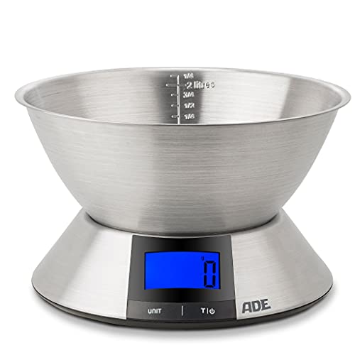 ADE Digitale Küchenwaage mit Schüssel KE1702 Hanna. Elektronische Schüsselwaage mit Schüssel aus Edelstahl (spülmaschinengeeignet) zum präzisen Wiegen bis 5 kg. Farbe: silber von ADE