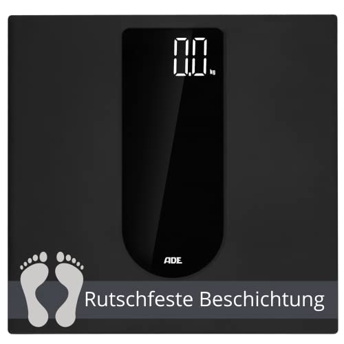 ADE Digitale Personenwaage mit großem LED-Display | rutschfeste Wiegefläche aus Sicherheitsglas | genaues Wiegeergebnis in 100-g-Schritten | elegante schwarz matte Oberfläche | bis 180 kg von ADE