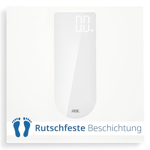 ADE Digitale Personenwaage mit großem LED-Display | rutschfeste Wiegefläche aus Sicherheitsglas | genaues Wiegeergebnis in 100-g-Schritten | elegante weiß matte Oberfläche | bis 180 kg von ADE