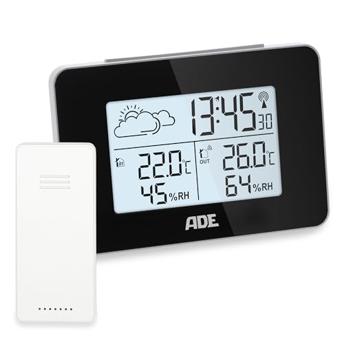 ADE Digitale Wetterstation Funk mit Außensensor | Innen und Außentemperatur | Luftfeuchtigkeitsmesser | animierte Wettervorhersage | Funkwecker mit Schlummerfunktion | schwarz von ADE