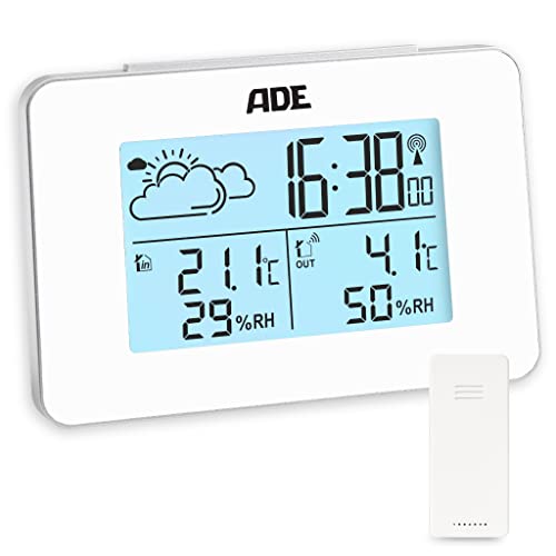 ADE Digitale Wetterstation Funk mit Außensensor | Innen und Außentemperatur | Luftfeuchtigkeitsmesser | animierte Wettervorhersage | Funkwecker mit Schlummerfunktion | weiß von ADE