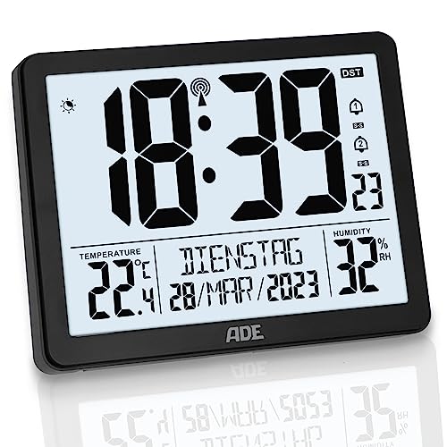 ADE Digitale Funkuhr mit sehr großen Ziffern | Tischuhr Wanduhr mit 2 Weckzeiten und Beleuchtung | Thermometer Hygrometer | schmaler Rahmen in matt schwarz von ADE