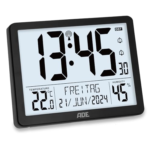 ADE Digitale XL-Funkuhr mit sehr großen Ziffern | Tischuhr Wanduhr mit 2 Weckzeiten und Beleuchtung | Thermometer Hygrometer | schmaler Rahmen in matt schwarz von ADE