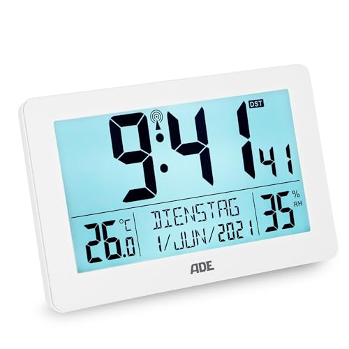 ADE Digitale XL-Funkuhr mit sehr großen Ziffern | Tischuhr mit 2 Weckzeiten und Beleuchtung | Thermometer & Hygrometer | batteriebetrieben | Uhr zum Hinstellen | schmaler weißer Rahmen von ADE