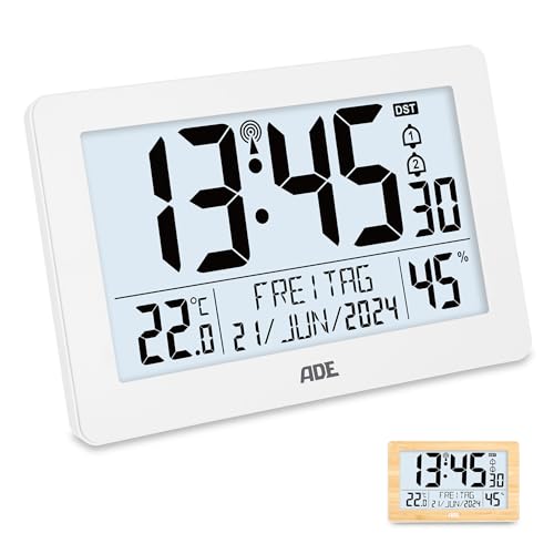 ADE Digitale XL-Funkuhr mit sehr großen Ziffern | Tischuhr mit 2 Weckzeiten und Beleuchtung | Thermometer & Hygrometer | batteriebetrieben | Uhr zum Hinstellen | schmaler weißer Rahmen von ADE