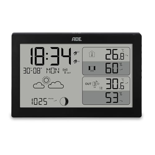 ADE Digitale XL-Wetterstation Funk mit Außensensor und Wettervorhersage | Innen- & Außentemperatur | Thermometer und Hygrometer | Luftdruck | Funkuhr mit 2 Weckzeiten | Datum und Mondphasen | schwarz von ADE