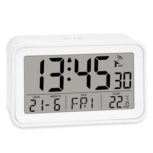 ADE Digitaler Funkwecker mit Licht | Wecker mit Temperaturanzeige und Kalender | kompakter Reisewecker | hübsches matt weißes Gehäuse | mit Batterie von ADE