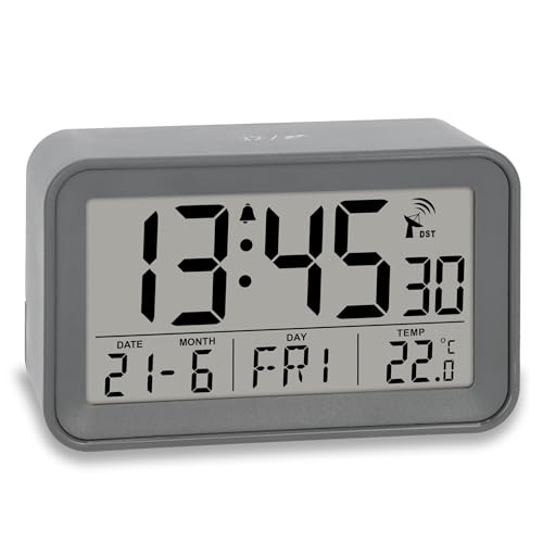ADE Digitaler Funkwecker mit Licht | Wecker mit Temperaturanzeige und Kalender | kompakter Reisewecker | hübsches matt graues Gehäuse | mit Batterie von ADE
