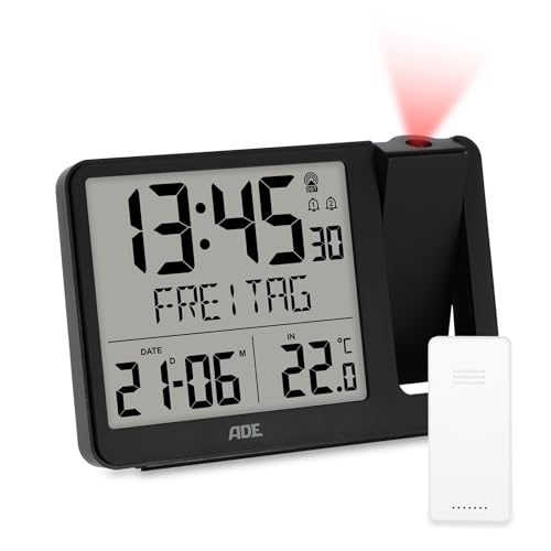 ADE Digitaler Funkwecker mit Projektion und Außensensor | Projektionswecker mit 2 Weckzeiten| Uhr mit Temperaturanzeige, Datum und Wochentag | inkl. Netzkabel | schwarz von ADE