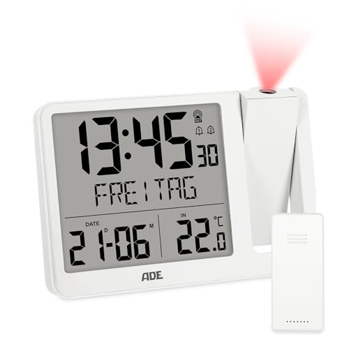 ADE Digitaler Funkwecker mit Projektion und Außensensor | Projektionswecker mit 2 Weckzeiten| Uhr mit Temperaturanzeige, Datum und Wochentag | inkl. Netzkabel | weiß von ADE