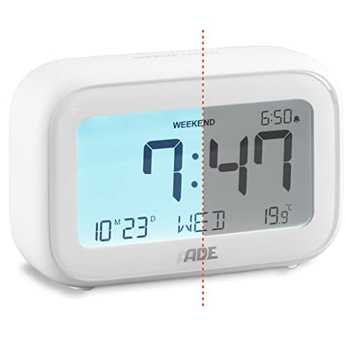 ADE Digitaler Wecker mit Temperaturanzeige | Tischuhr mit Kalender | großes LCD-Display | Kleiner Reisewecker | weiß von ADE