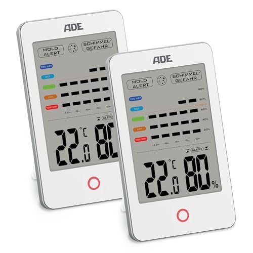ADE Digitales Hygrometer innen mit Schimmelalarm | Feuchtigkeitsmessgerät mit Thermometer | Temperatur und Luftfeuchtigkeitsmesser | großes LCD-Display | Doppelpack | weiß von ADE